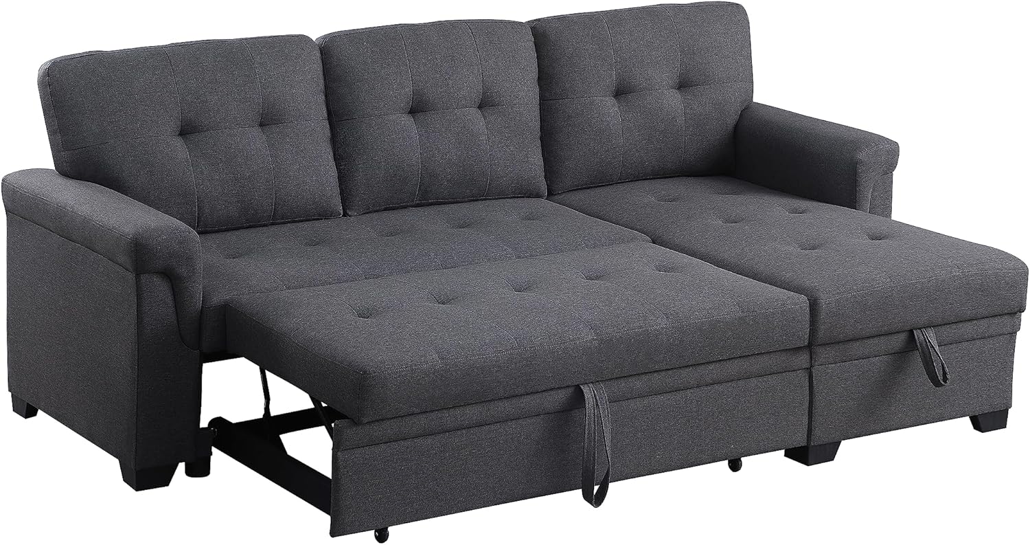 Modern L-Shaped Reversible Couch Upholstered Sectional Sofa with Storage Chaise Recliner, Pull Out Sleeper Bed, for Living Room, Apartment, Office, Dark Gray, 84 Inch