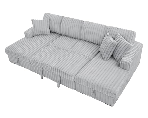 roomfitters U Shaped Sleeper Sofa, 122 Inch Oversized - 2 in 1 Pull Out Bed, Sectional Sleeper Sofa with Double Storage Chaise for Living Room, Rabbit Plush Corduroy Fabric Couch, Grey
