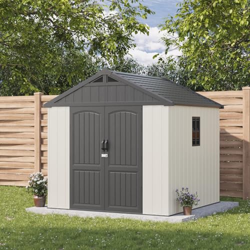 Patiowell 8 x 12 FT Plastic Outdoor Storage Shed with Floor, Resin Shed with Window and Lockable Door for Garden, Backyard, Tool Storage Use, Easy to Install in Beige (Kick-it Shed)