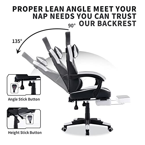 Gaming Chair with Footrest, High Back Gaming Chairs PVC Leather Ergonomic Office Gamer Chair Headrest Lumbar Support Racing Style Video Gaming Chair (Black White)