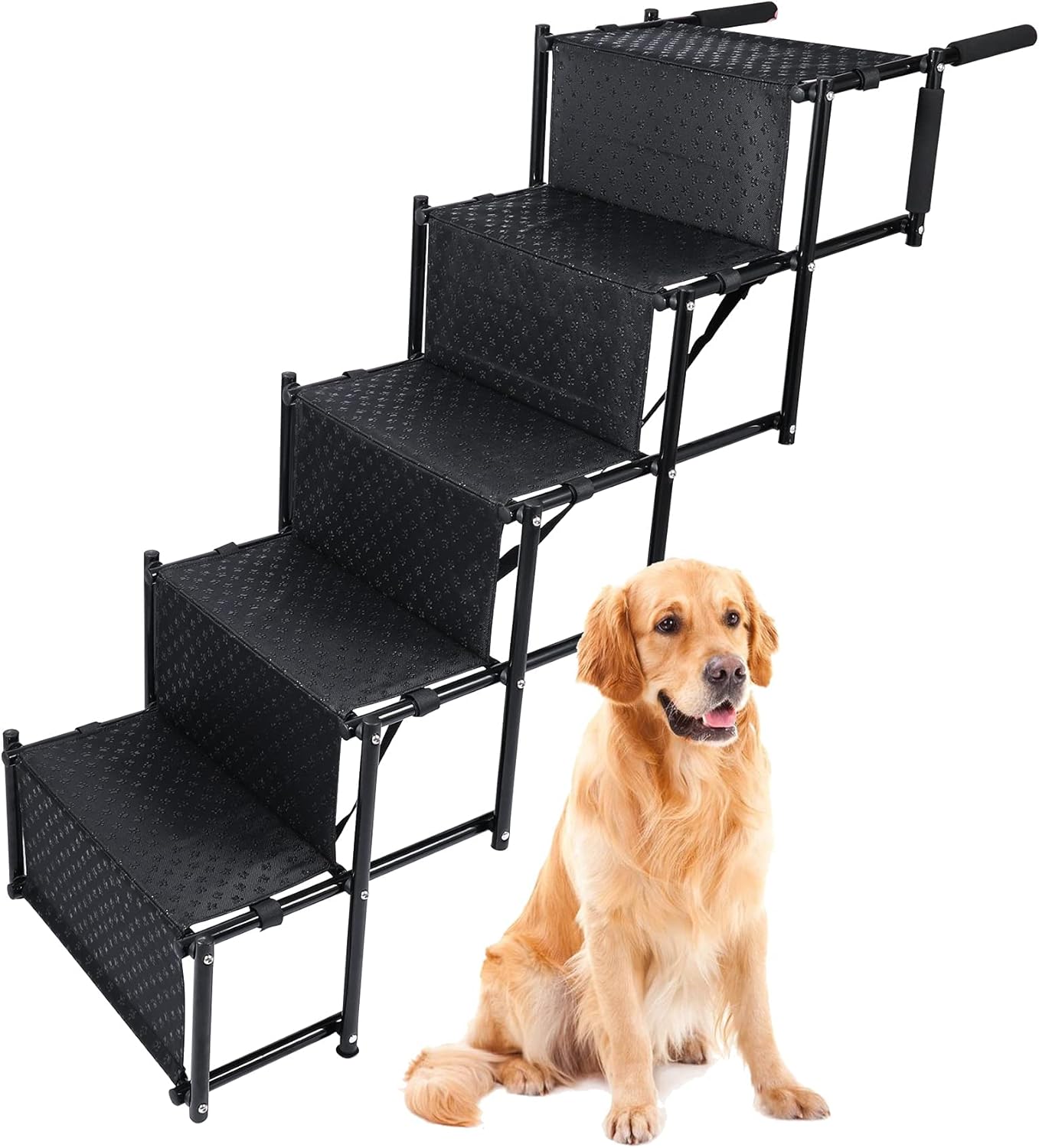 Domaker Pet Dog Car Step Stairs 30 Inches High, Sturdy Metal Fram Folding Large Dog Cat Pet Ramp for Car SUV Jeep Truck, Lightweight Portable with Shoulder Strap,Black, 5 Steps Pack of 2