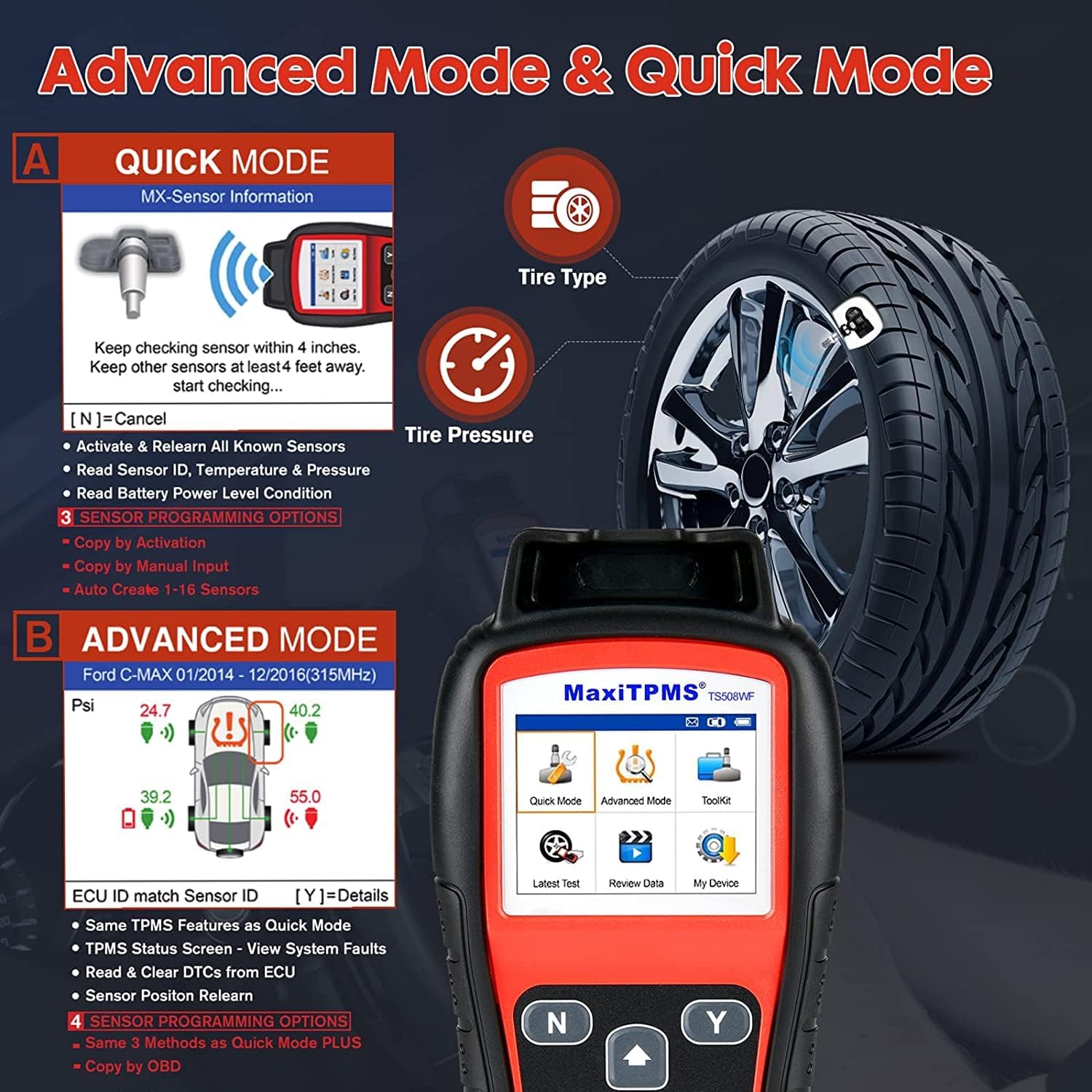 Autel MaxiTPMS TS508WF TPMS Relearn Tool, 2024 Enhanced TS508 Wi-Fi Version, Mx-Sensor TPMS Progamming Tool, One-Click TPMS Diagnose & Reset, Activate All Sensors, Live Data, Read/Clear TPMS DTCs