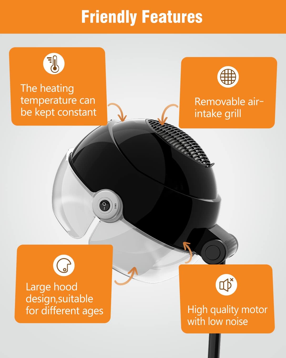 Ionic Hooded Hair Dryer, 1875W Professional Height Adjustable Standing Hair Dryer Bonnet with 3 Temperature Settings, Portable Salon Dryer with Rolling Wheels for Home & Hairstylist