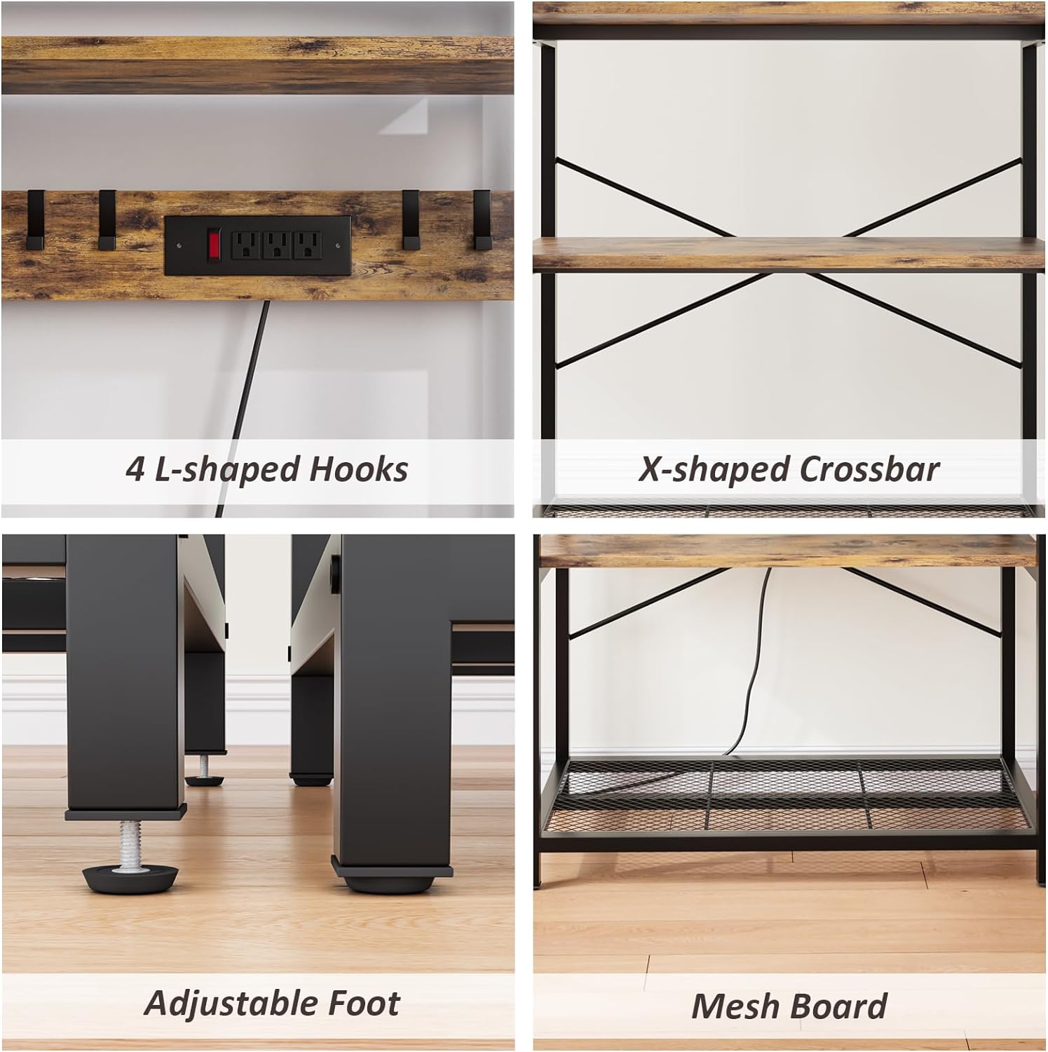 5-Tier Bakers Rack for Kitchens with Power Outlet, 31.5 Inch Microwave Stand, Freestanding Metal Kitchen Rack with Hooks, Coffee Bar Station, Rustic Brown