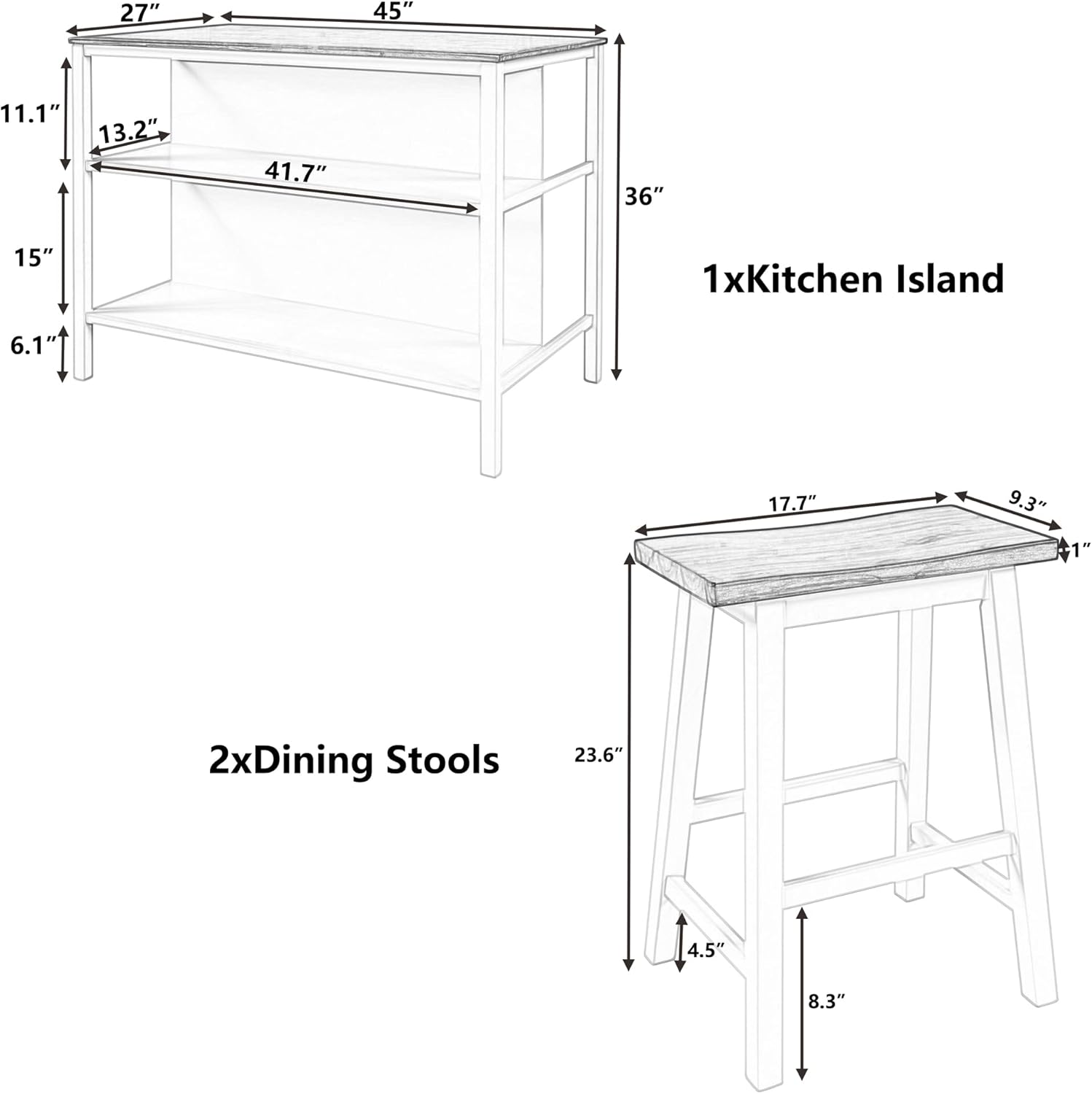 Voohek Kitchen Island Set with 2 Stools Seating, Solid Wood Rubber Butcher Block Dining Prep Table Open Shelves for Small Places, Rustic Stationary