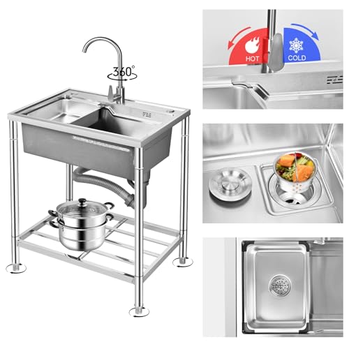 Stainless Steel Freestanding Sink,Freestanding Camping Single Bowl Sinks,Outdoor Utility Sinks,with Cold and Hot Water Pipe Faucet,for Outdoor Indoor,Garage Laundry Utility Room.