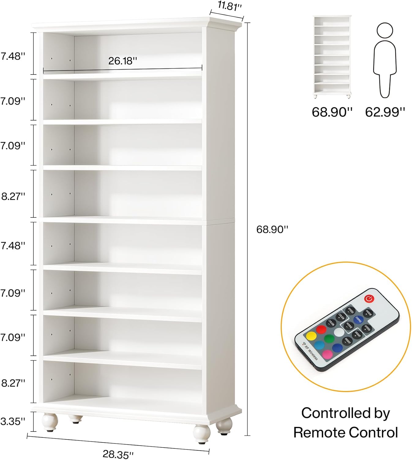 69" Tall Shoe Storage Cabinet with LED Lighting, 9-Tier 30 Pairs Freestanding Shoes Display Cabinet with Solid Wood Legs for Entryway, White