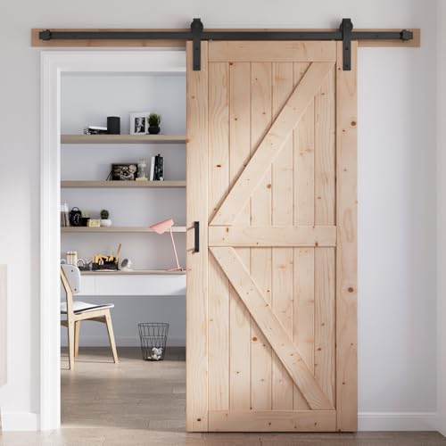 FREDBECK 48in x 80in Sliding Wood Barn Door with 8FT Barn Door Hardware Kit Included K Shape Solid Spruce Panel Sliding Door Double Surfaces Need to Assembly