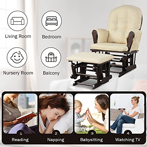 Costzon Nursery Glider with Ottoman, Upholstered Comfort Glider Rocker with Padded Cushion, Storage Pocket, Solid Wood Base, Rocking Chair Nursery for Breastfeeding, Maternity, Napping (Brown)