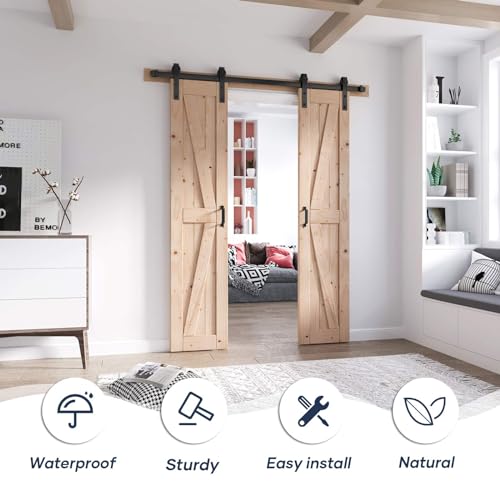 FREDBECK 48in x 80in Sliding Wood Barn Door with 8FT Barn Door Hardware Kit Included K Shape Solid Spruce Panel Sliding Door Double Surfaces Need to Assembly