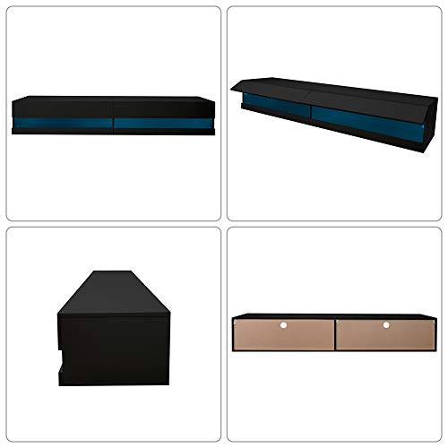 180 Wall Mounted Floating Media Consoles Hanging TV Console for 80 inch TVs Entertainment Center with 20 Color LEDs, W 70.9 inch x D 16.5 inch x H 11.8 inch, Black