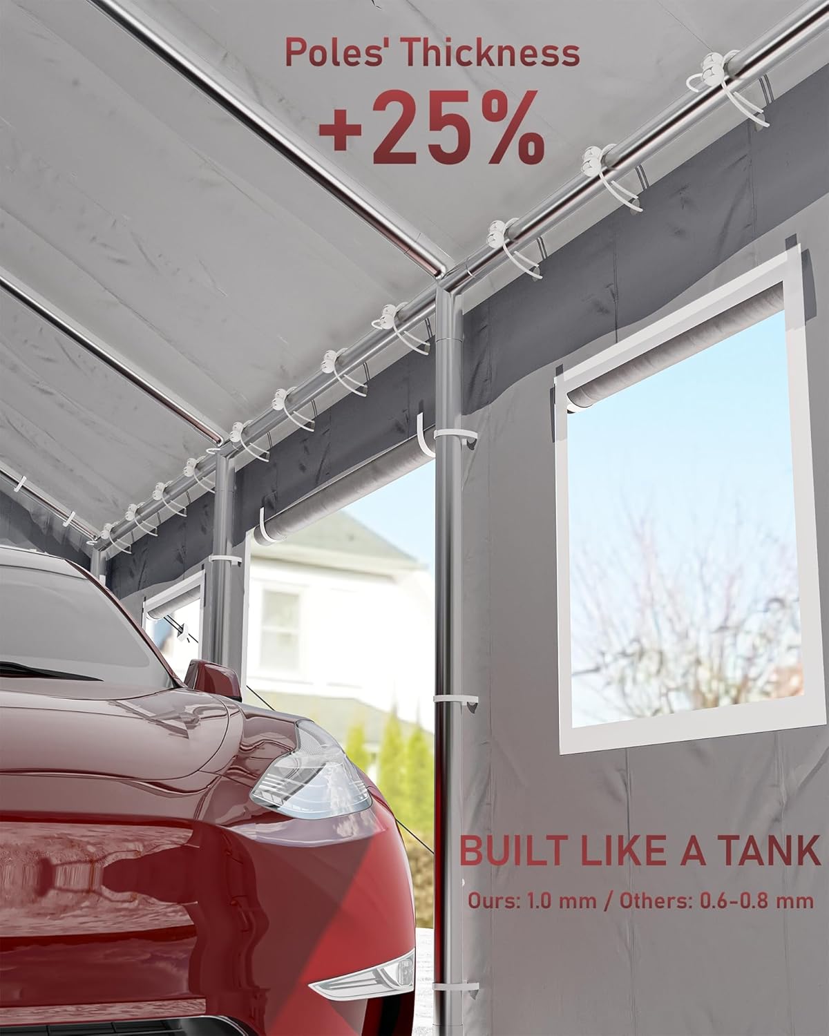 Carport 10'x20' Portable Garage Heavy Duty, 1.0 mm Steel Poles & 14 mil PE Tarp, with Front & Rear Doors, 2 Side Doors, and 4 Windows Screen, for Pickup Truck, and Boat, Silver Gray