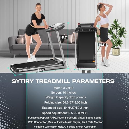 SYTIRY Treadmills for Home with TV Screen and WiFi,Smart Folding Treadmill Machine,3D Virtual Sports Scene,HiFi Speakers,Popular APP for Social Networking, Video, and Search,Walking Treadmill