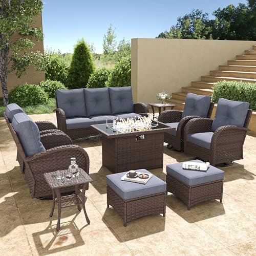 5 Pieces Wicker Patio Furniture Set, Luxury Outdoor Conversation Set with High Back Swivel Rocker Chairs