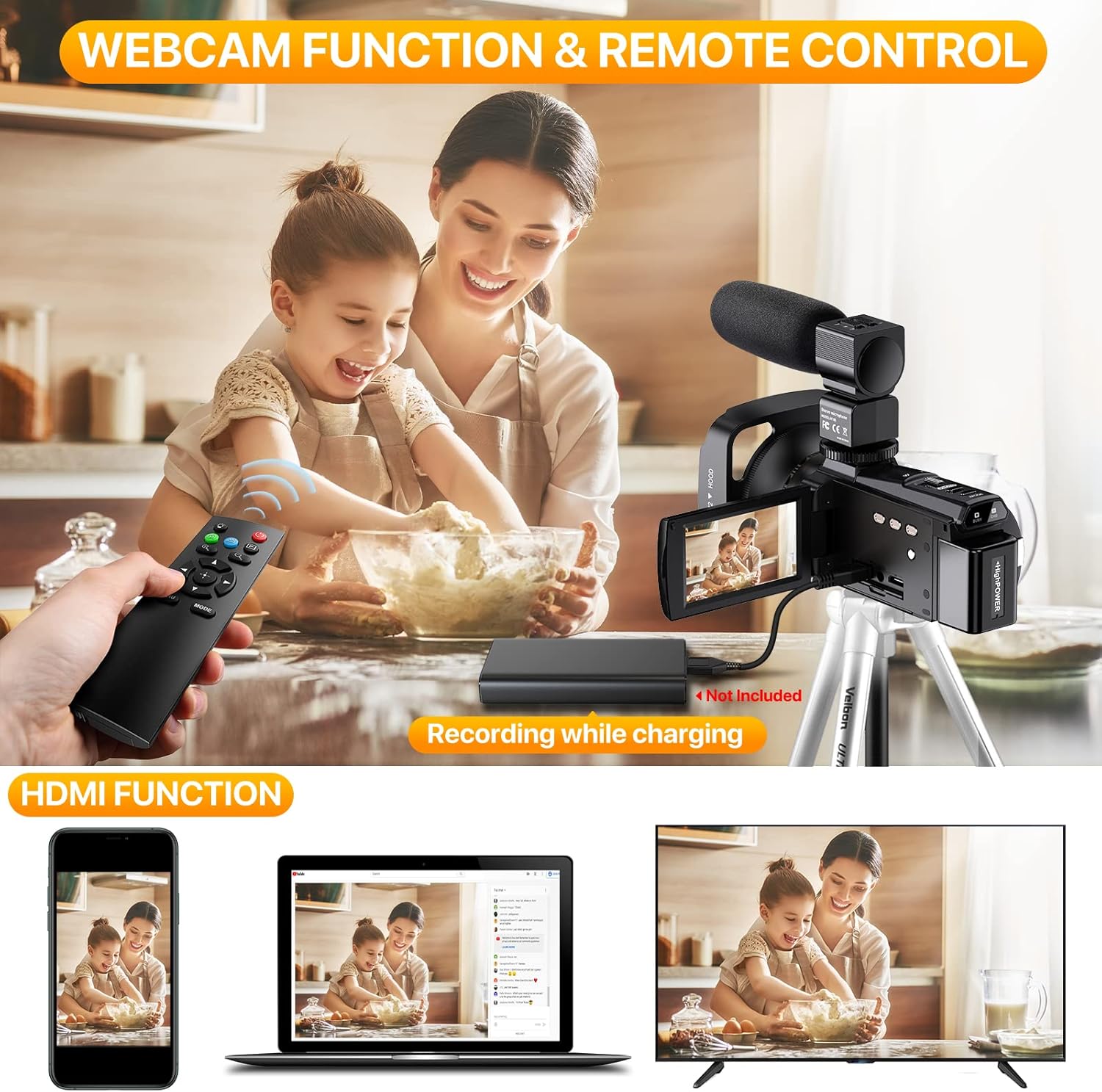 Video Camera 4K Camcorder UHD WiFi IR Night Version Vlogging Camera for YouTube 48MP 30FPS 16X Digital Zoom 3 Touch Screen Camera with Remote, Microphone, Handheld Stabilizer, Lens Hood, 2 Batteries