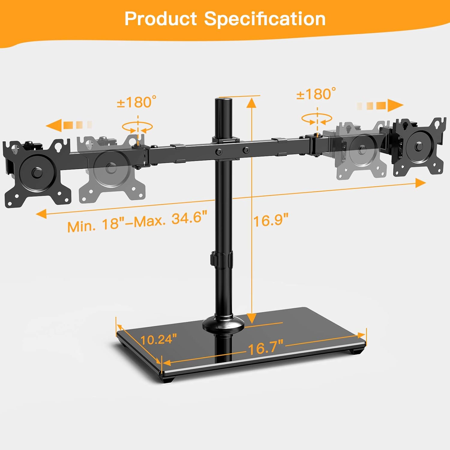 ErGear Dual Monitor Stand with Glass Base, Freestanding Height Adjustable Two Arm Monitor Mount, Heavy Duty Structure Supports Most 17-32” Monitors up to 26.4lbs, EGCM6 Pack of 2