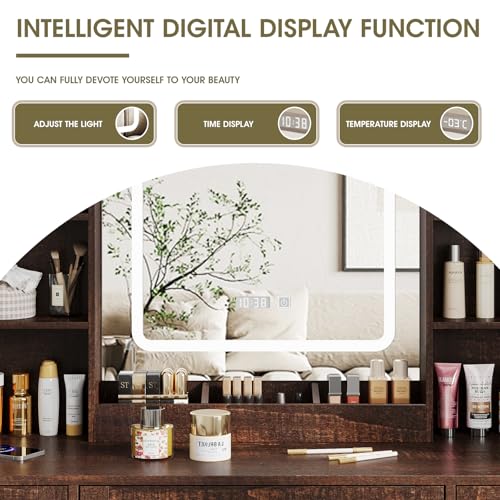 Vabches Makeup Vanity Desk, Vanity Mirror with Lights Desk and Chair,Makeup Table with 3 Large Drawers and 2 Cabinets, Time and Temperature Display, 3 LED Lighting Modes Adjustable, White