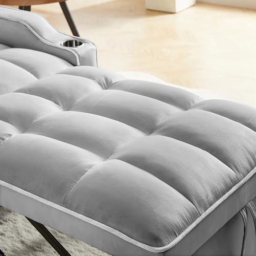 GERRIT Velvet Convertible Sleeper Sofa Chair Bed, 3 in 1 Multi-Functional Lounge Chair Sleeper, Pull Out Couch Guest Bed with USB Port & Cup Holder for RV, Living Room, Small Spaces (Grey)