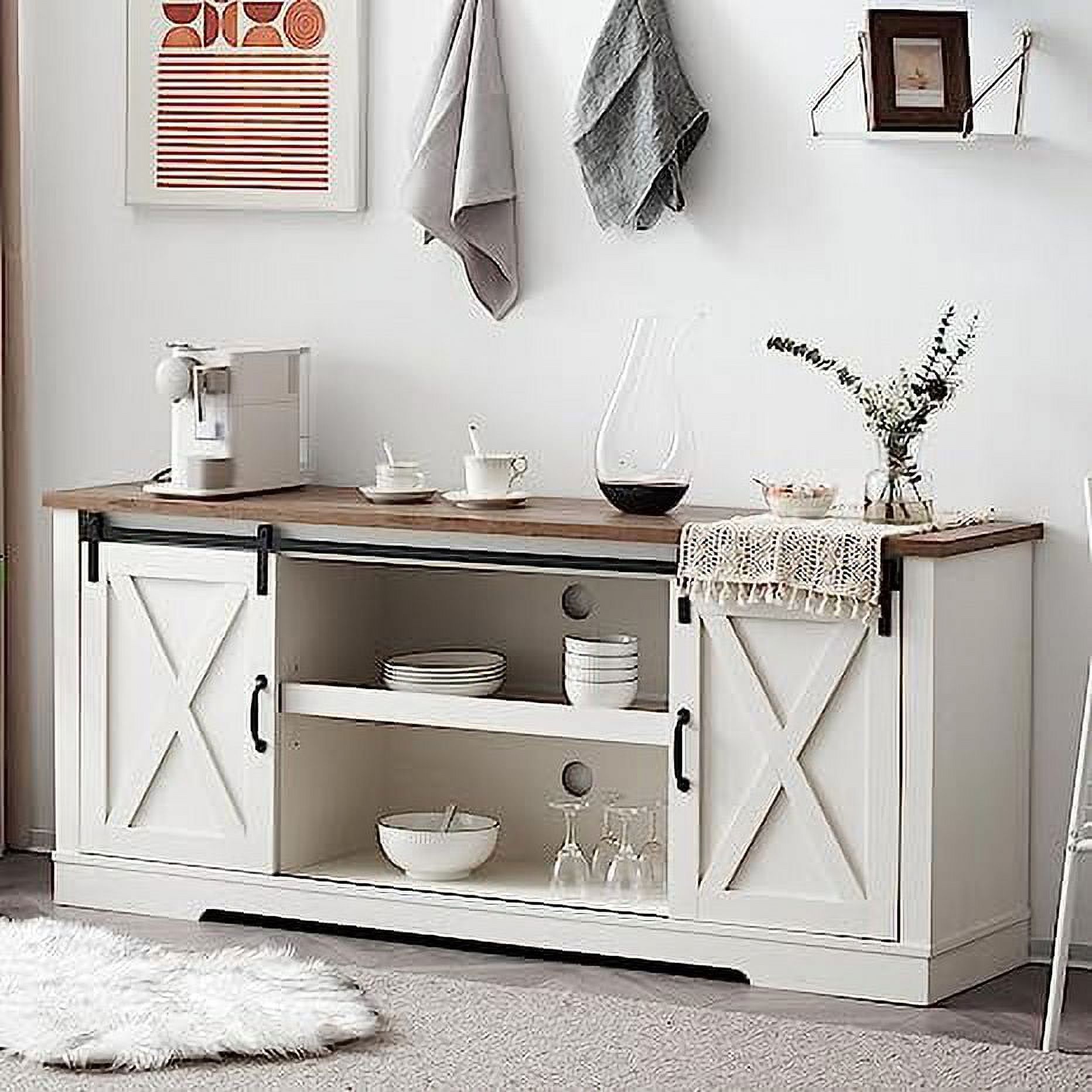 AMERLIFE Farmhouse TV Stand for 75 Inches TVs, 66" Entertainment Center with Siding Barn Door and Adjustable Shelf & Feet, Console Table with Storage, Distressed White & Rustic