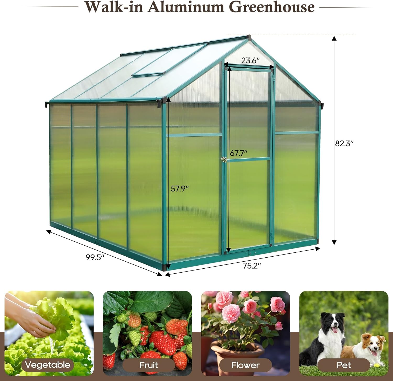 Aluminum Greenhouse for Outdoors 6'x 8', Polycarbonate Green Greenhouse with Adjustable Roof Vent and Rain Gutter, Outdoor Hobby Greenhouses for Backyard Plants Flowers Vegetables (6’ x 8‘)