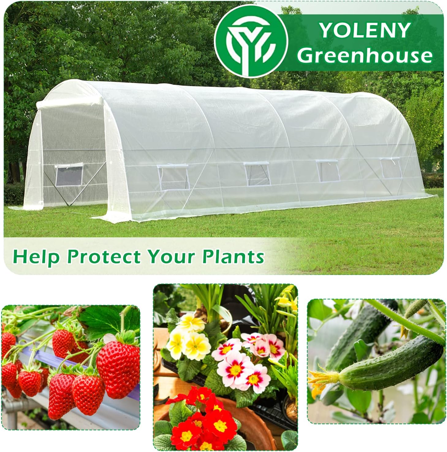 YOLENY 20' x 10' x 7' Greenhouse Large Gardening Plant Hot House Portable Walking in Tunnel Tent, White