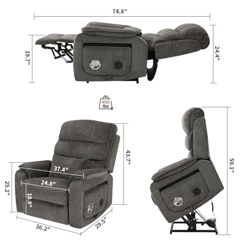 Light Grey Recliner Chair for Elderly | Tall and Big Man 400lbs | Chenille | Power Lift, Lay Flat, Stand Up, Wireless Charging Device, Extended Footrest, Massage Heat, Cup Holder, Lumbar Pillow