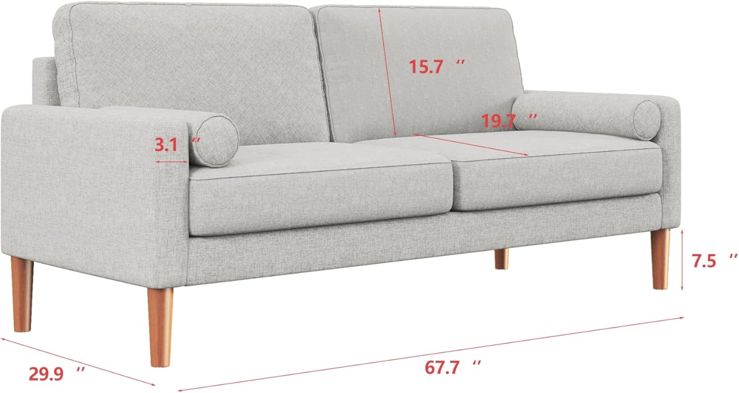 Modern Upholstered Linen Comfy Loveseat: 68" Mid Century 2 Seater Couch - Button Tufted Seat Cushion Sofa with 2 Bolster Pillows - Small Couches for Living Room Apartment Office Bedroom (Beige)