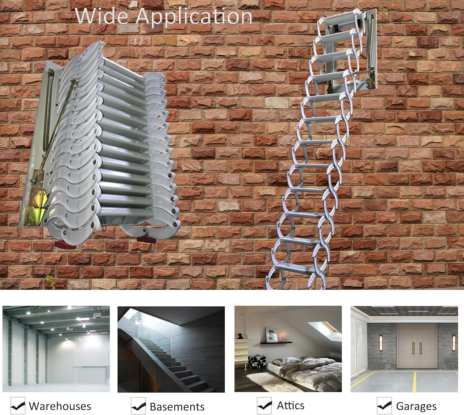 TECHTONGDA Loft Ladder Al-Mg Alloy Attic Steps Pull Down 12 Steps Attic Stairs Wall-mounted Folding Ladder Attic Loft Ladder Stairs with Armrests 9.8ft Height 27.6x27.6in Frame Size