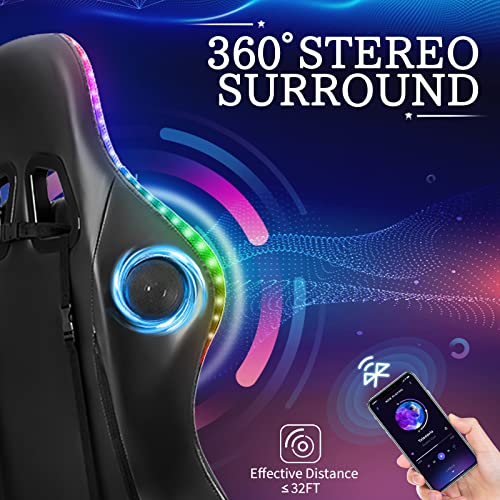 HOFFREE Gaming Chair Massage with Bluetooth Speakers and Led Lights Ergonomic Computer Gaming Chair with Footrest RGB Video Game Chair with High Back Lumbar Support Blue and Black