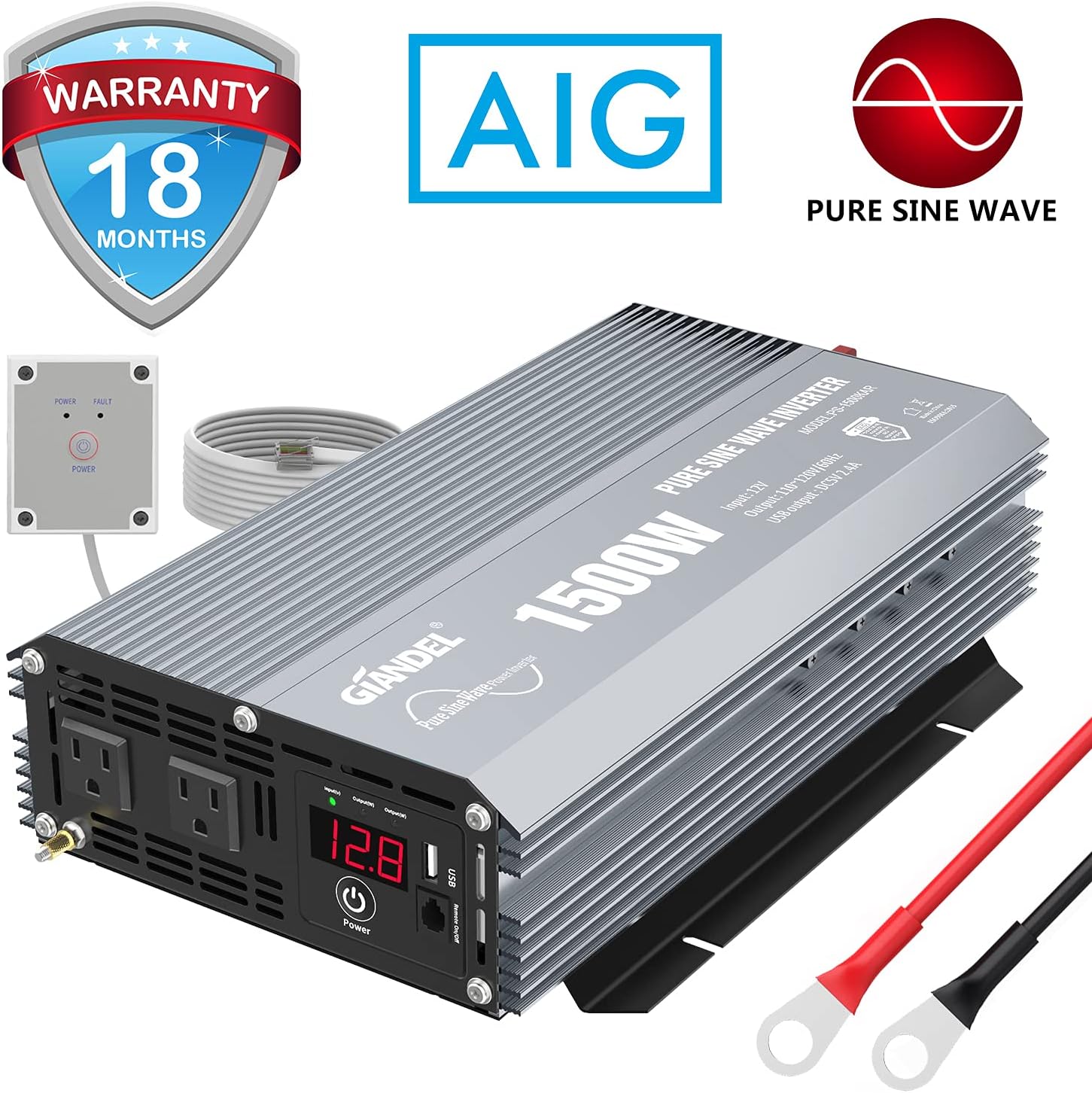 GIANDEL Power Inverter Pure Sine Wave 600Watt 12V DC to 110V 120V with Remote Control Dual AC Outlets and USB Port for RV Car Solar System Emergency