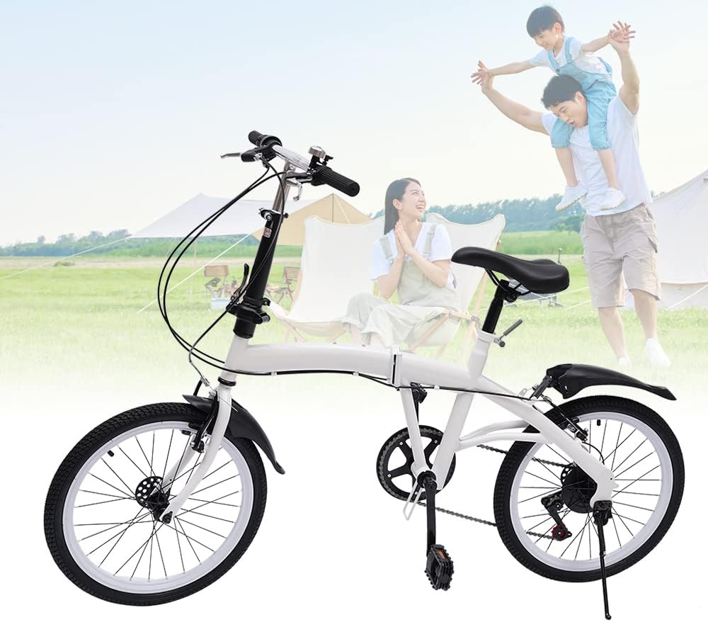 Folding Bike Foldable Bicycle with 7-Speed Shifter Adjustable Handlebar Height 20-Inch Wheels Men and Women City Bicycle with Double V-Brake for Leisure Riding &Commuting White