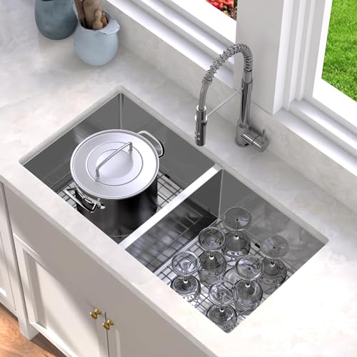 YITAHOME Kitchen Sink 33" x 19" x 10" Undermount Sink 304 Stainless Steel 50/50 Double Bowl Sink with Accessories 16 Gauge for Workstation, Prep Kitchen, Bar Sink