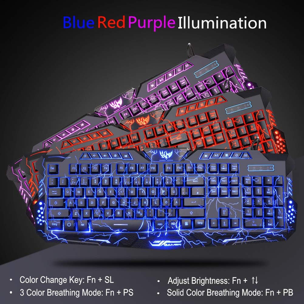 BlueFinger Backlit Gaming Keyboard and Mouse and LED Headset Combo,USB Wired 3 Color Crack Backlit Keyboard,Blue LED Light Gaming Headset,Gaming Keyboard Mouse Headphone Set for Work and Game