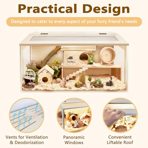 Hamster Cage Wooden Extra Large Mice and Rat Habitat Openable Top with Acrylic Sheets Solid Built Small Animal Cage (32 x 16 x 16 Inch)