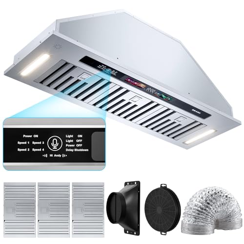 BRANO Insert Range Hood, 900 CFM Voice Control Kitchen Hood Stove Hood Vent with Touch Control, Gesture Sensing Touchless Control, 4-Speed Fan, Convertible Ducted/Ductless