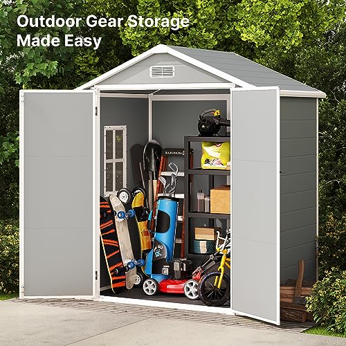 Gizoon Outdoor Resin Storage Shed 5x3 FT, Plastic Garden Shed with Floor for Tool, Garbage Can, Bike, Outside Sheds & Outdoor Resin Shed with Lockable Door for Patio, Lawn, Backyard, Grey & White
