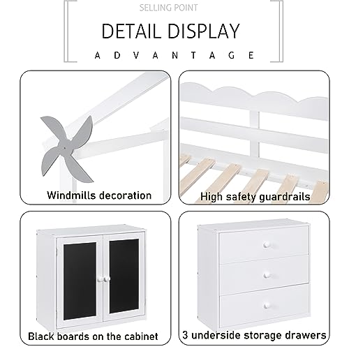 CITYLIGHT Twin Size House Loft Bed with Storage Cabinet and 3 Drawers, Wood Loft Bed Twin with Roof, Blackboards and Guardrail, Kids Playhouse Bed Twin for Teens, Boys, Girls, Grey