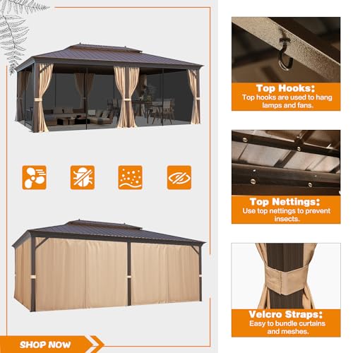 EROMMY 14'x20' Hardtop Gazebo Double Roof Galvanized Steel Canopy Outdoor Aluminum Frame Permanent Metal Pavilion with Netting and Curtains for Patio Backyard Deck and Lawns