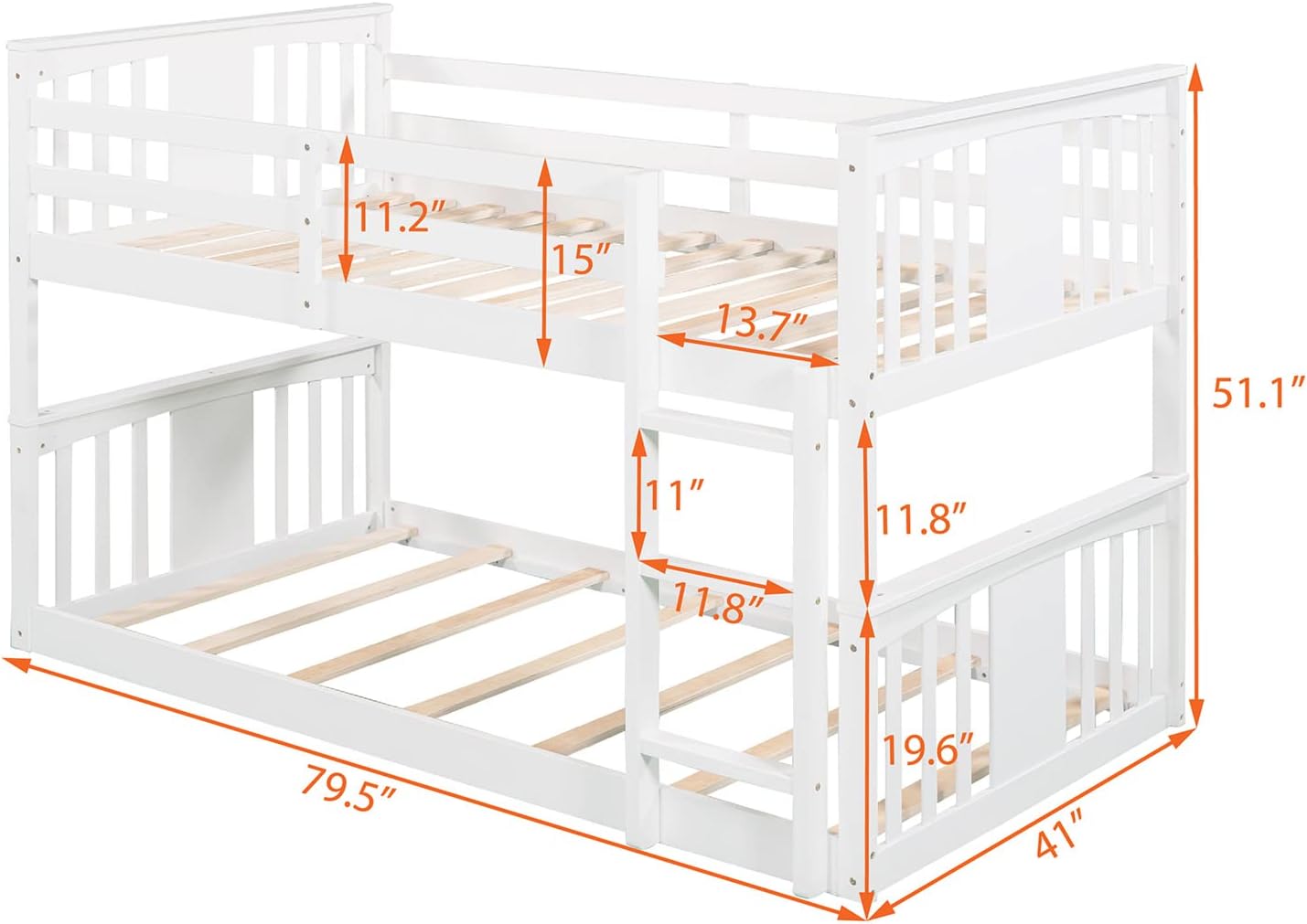 Twin Bunk Beds Low Bunk Bed Frame Wood Twin over Twin Bunkbed for Kids Toddlers Boys Girls Bedroom, White