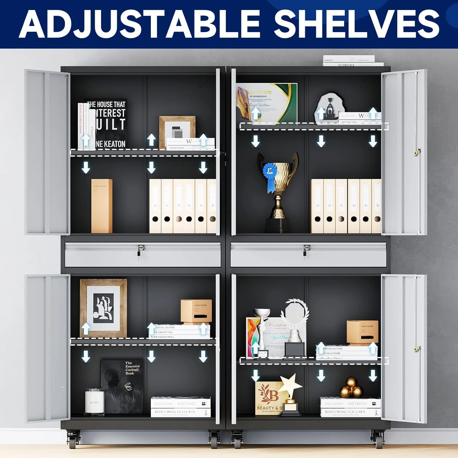 Metal Storage Locking Cabinet with 4 Doors and 2 Adjustable Shelves,71" Lockable Garage Tall Steel Cabinet,for Home Office,Living Room,Pantry,Gym,Commercial Storage (Black)