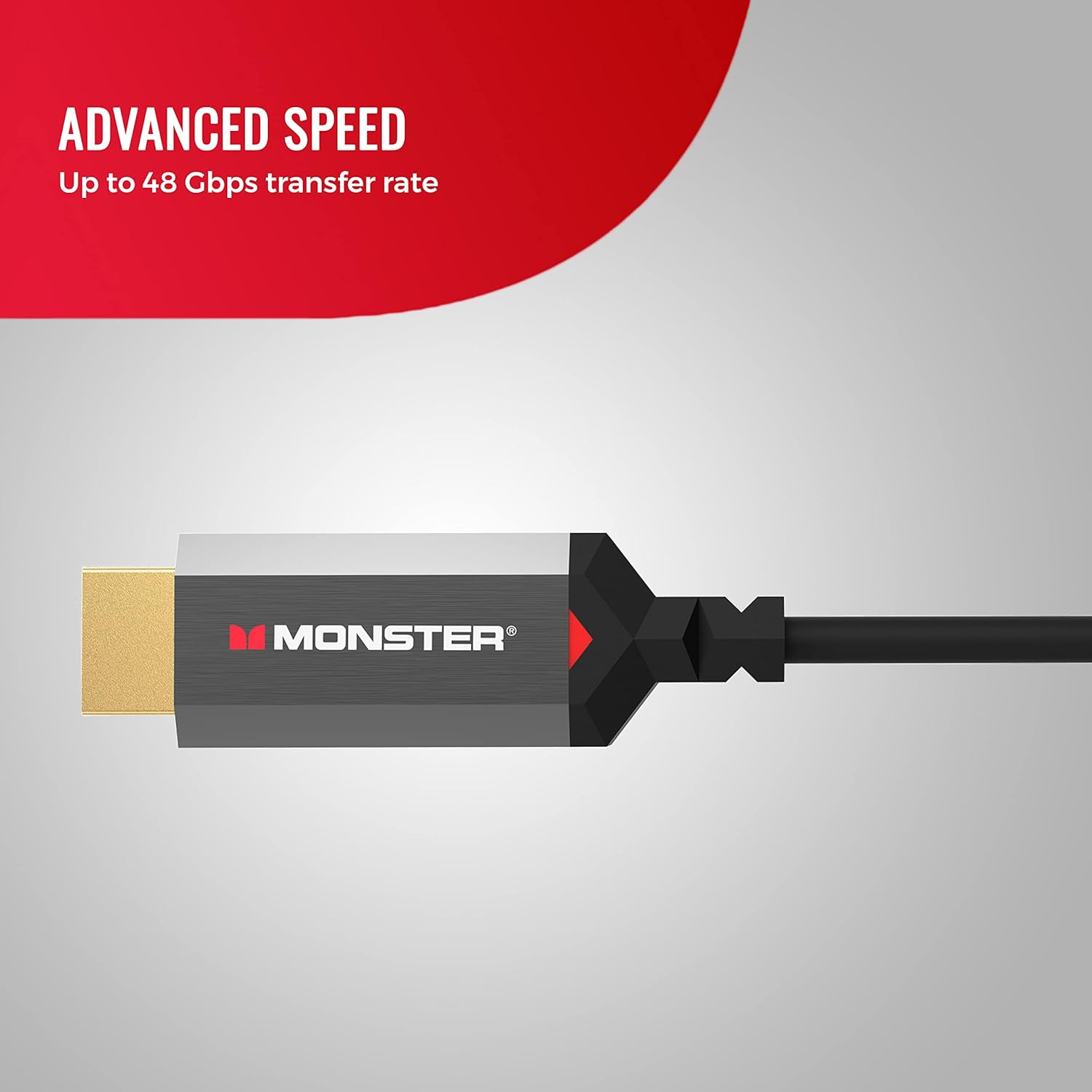 Monster Essentials HDMI 2.1-48 Gbps Active Optical Cable Featuring Aluminum Extrusion Connector - Supports 8K @ 60HZ, 4K @ 120HZ, Premium Certified, V-Grip, 15 Meters