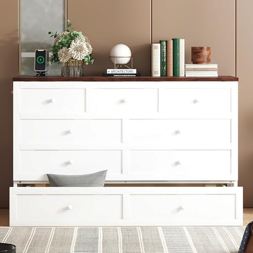 KEIKI Queen Size Murphy Bed with Charging Station, USB Ports & Storage Drawers, Pine Folding Cabinet Bed for Guest Room, Bedroom, Office, Living Room – White & Walnut (No Mattress Included)