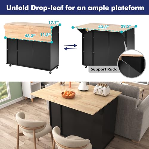 Rolling Kitchen Island on Wheels with Storage 3 Tier Cabinet and Drawers, Table with Towel and Spice Rack, Cart with Drop Leaf and Power Outlet (Type P. Black)