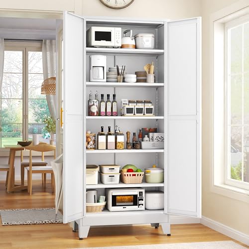 75.2" Tall Metal Pantry Cabinet, Storage Cabinets with 4 Door and 4 Adjustable Shelves, Black Kitchen Pantry Storage Cabinet, Freestanding Cupboard for Kitchen Dining Room Living Room Bathroom