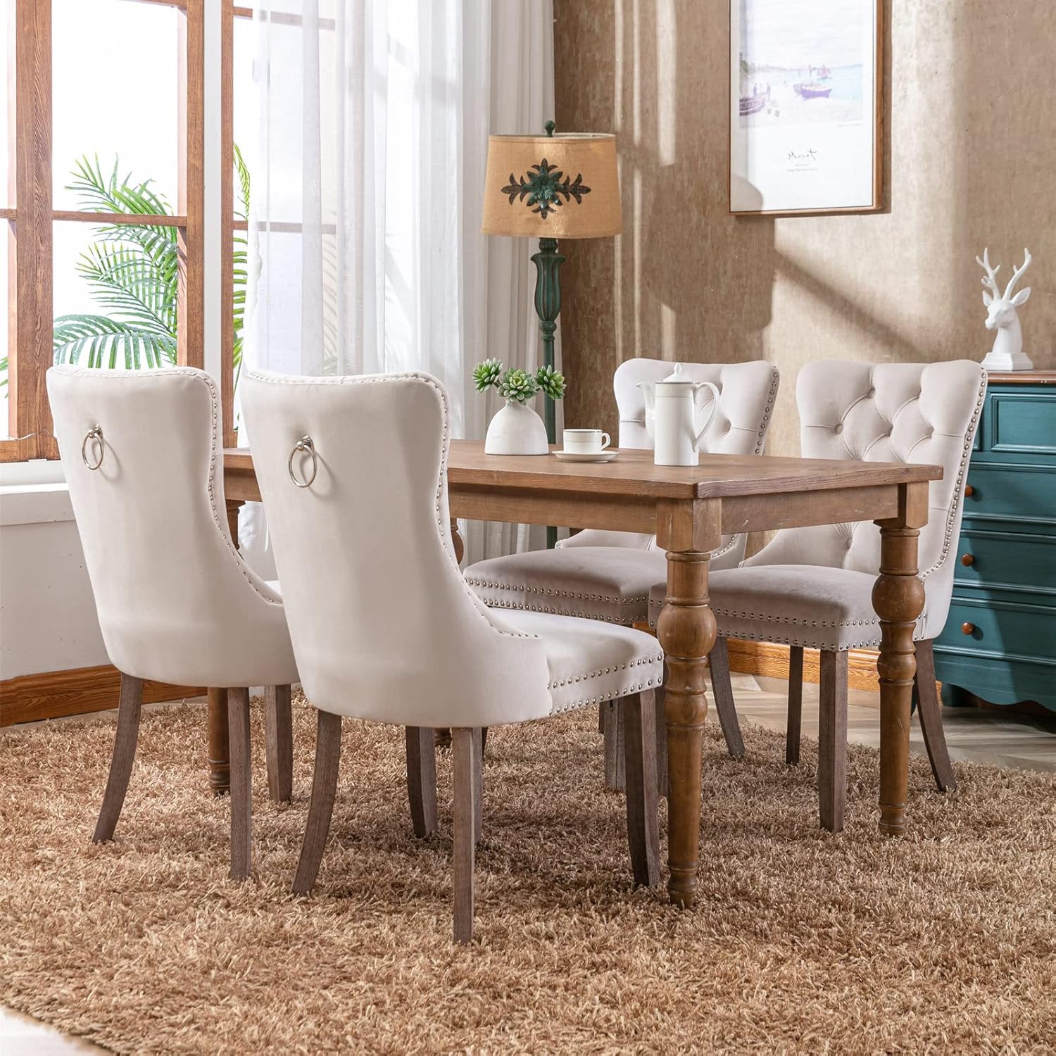 High-end Tufted Solid Wood Velvet Upholstered Dining Chair with Wood Legs and Nailhead Trim, 2-Pcs Set, Beige