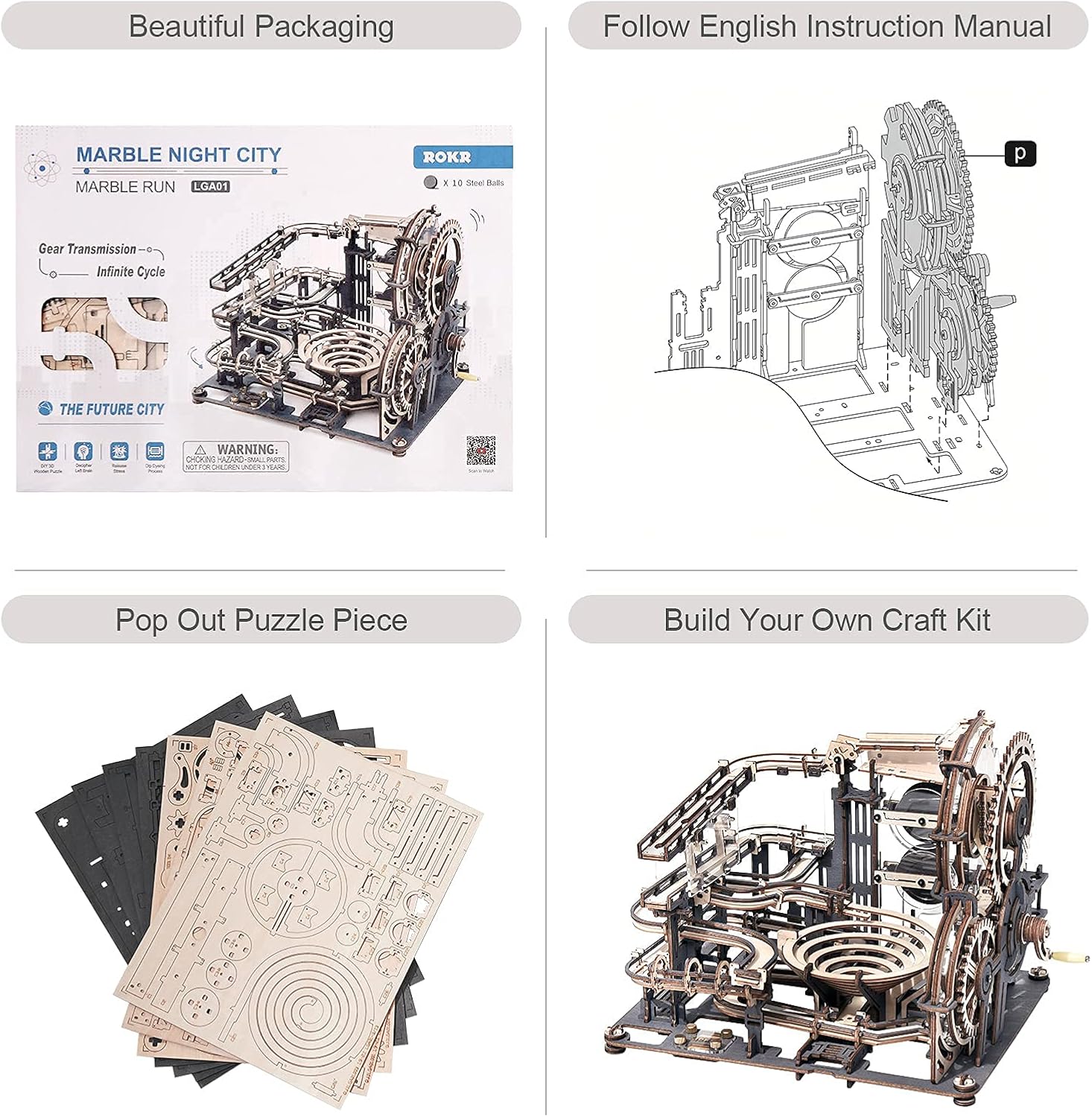 ROKR 3D Wooden Puzzles Marble Run Chain Model Mechanical Building Kit for Adults to Build Unique Gift for Friends and Family (Night City)