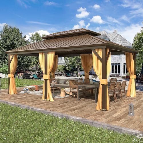 EROMMY 14'x20' Hardtop Gazebo Double Roof Galvanized Steel Canopy Outdoor Aluminum Frame Permanent Metal Pavilion with Netting and Curtains for Patio Backyard Deck and Lawns