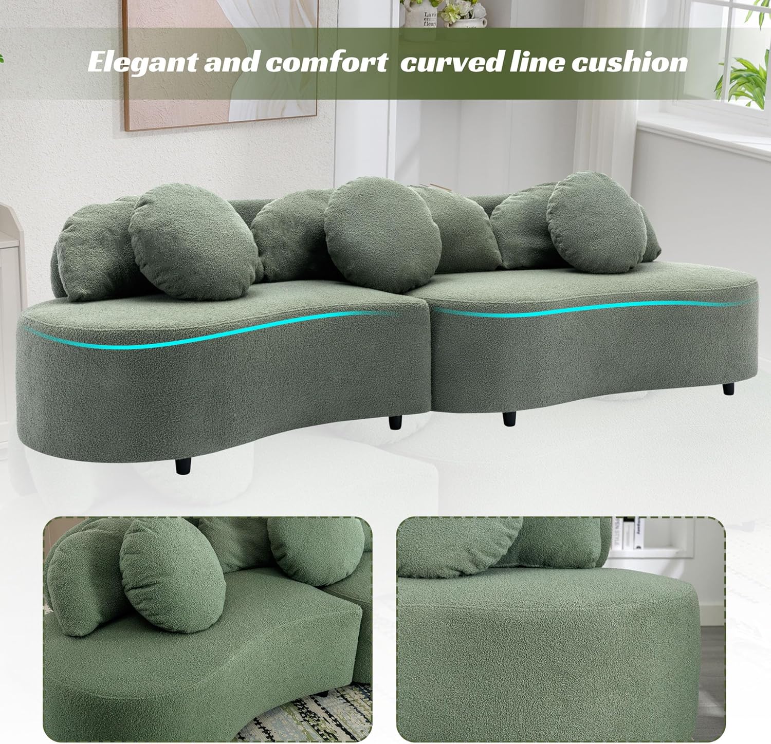 103.9" Modern Velvet Upholstered Sectional Sofa Curved Couch Living Room Furniture for Home Office, Green