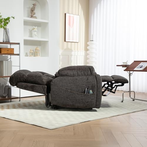 Light Grey Recliner Chair for Elderly | Tall and Big Man 400lbs | Chenille | Power Lift, Lay Flat, Stand Up, Wireless Charging Device, Extended Footrest, Massage Heat, Cup Holder, Lumbar Pillow