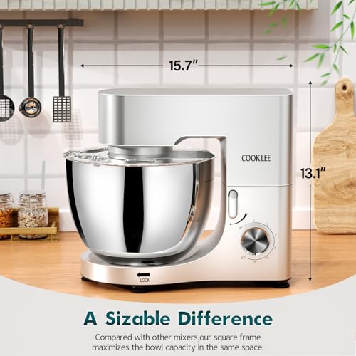 COOKLEE Stand Mixer, 9.5 Qt. 660W Electric Kitchen Mixer with Dishwasher-Safe Dough Hooks, Flat Beaters, Wire Whip & Pouring Shield Attachments for Most Home Cooks, Silver